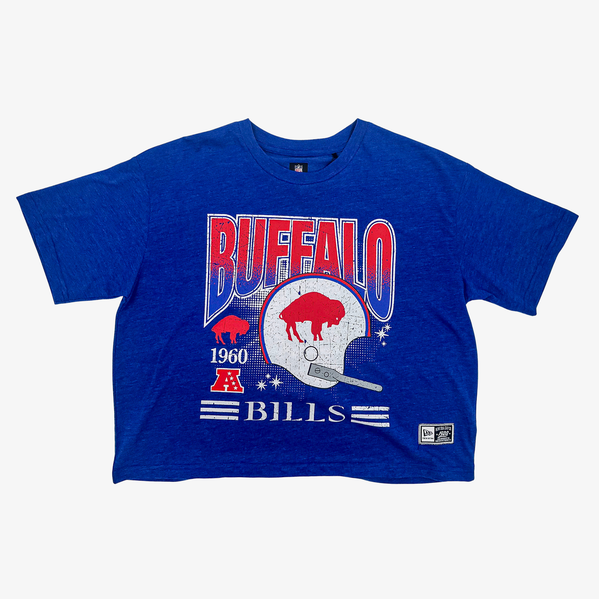 Women's New Era Buffalo Bills royal cropped T-shirt with vintage 1960 helmet graphic