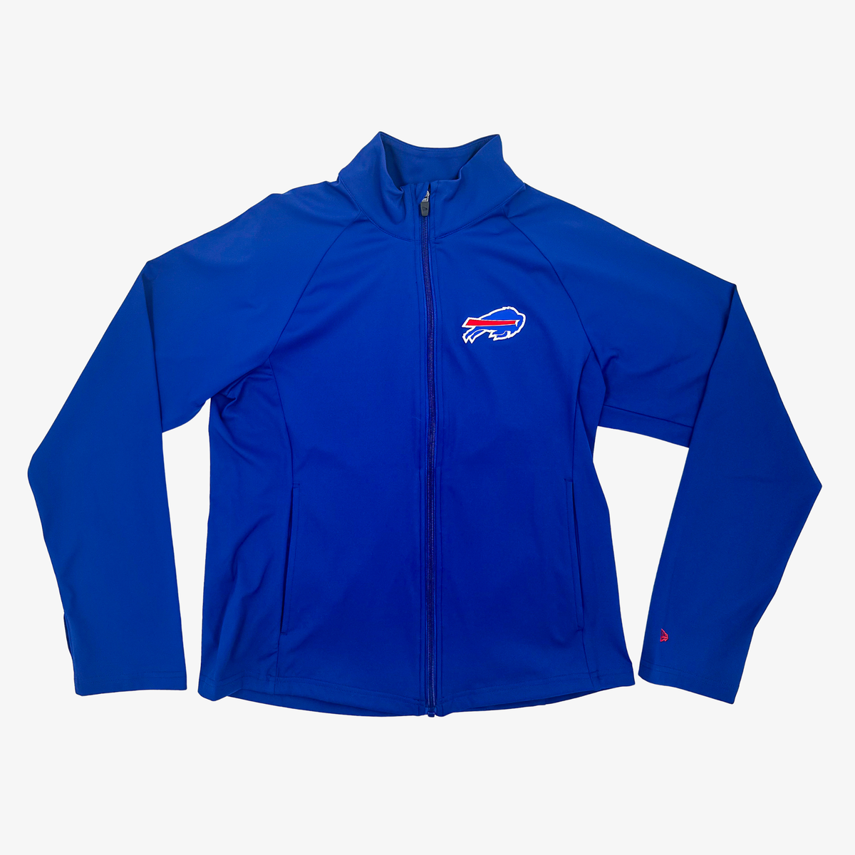 New Era women's Buffalo Bills royal blue full-zip jacket with embroidered team logo, stand-up collar and side pockets