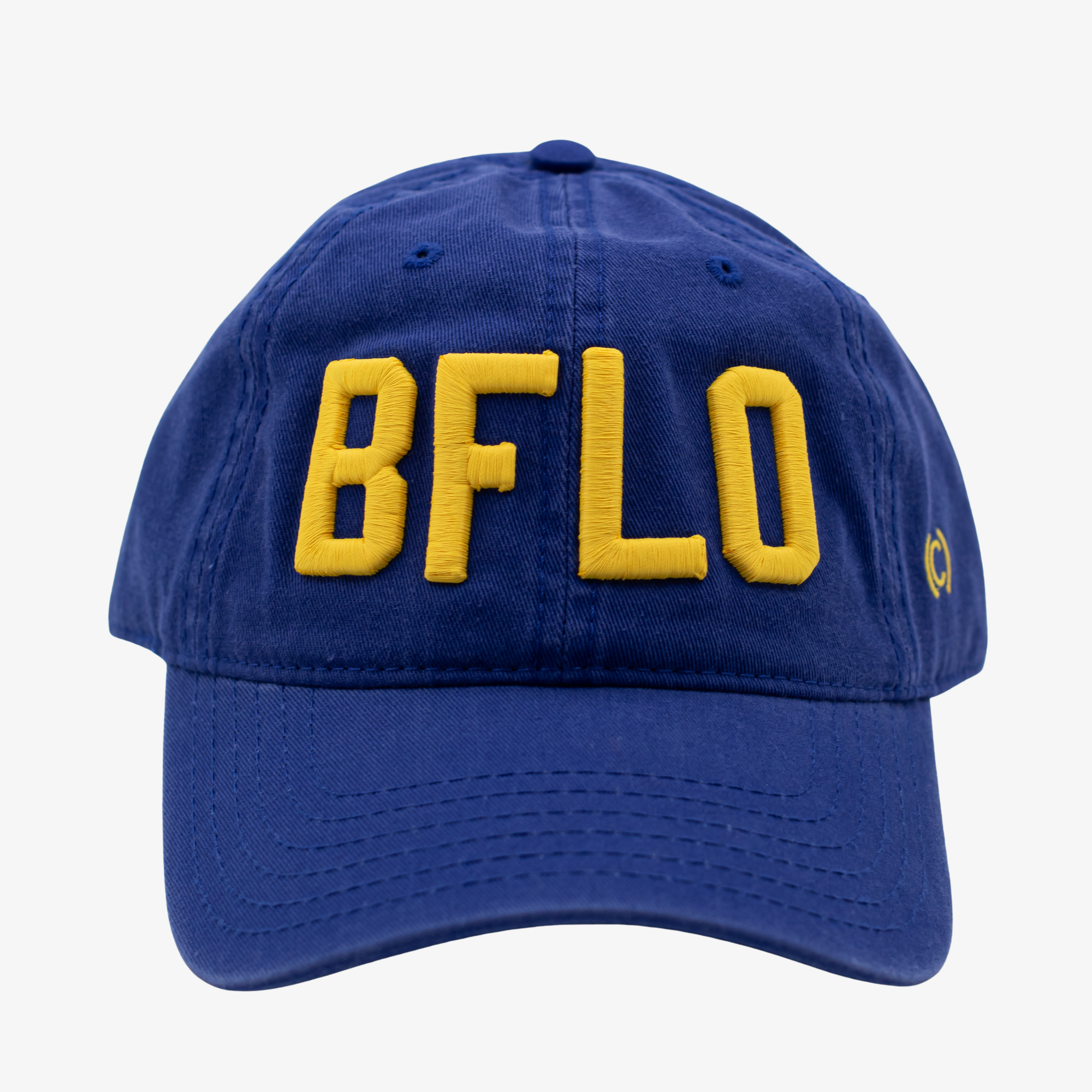 Blue cap with yellow 'BFLO' text on a white background