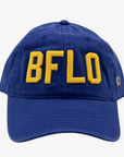 Blue cap with yellow 'BFLO' text on a white background