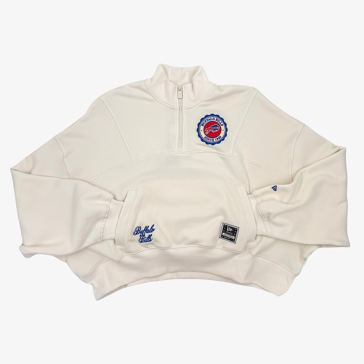 New Era women's Buffalo Bills cream quarter-zip pullover with embroidered Bills chest patch, front pocket and blue script detailing