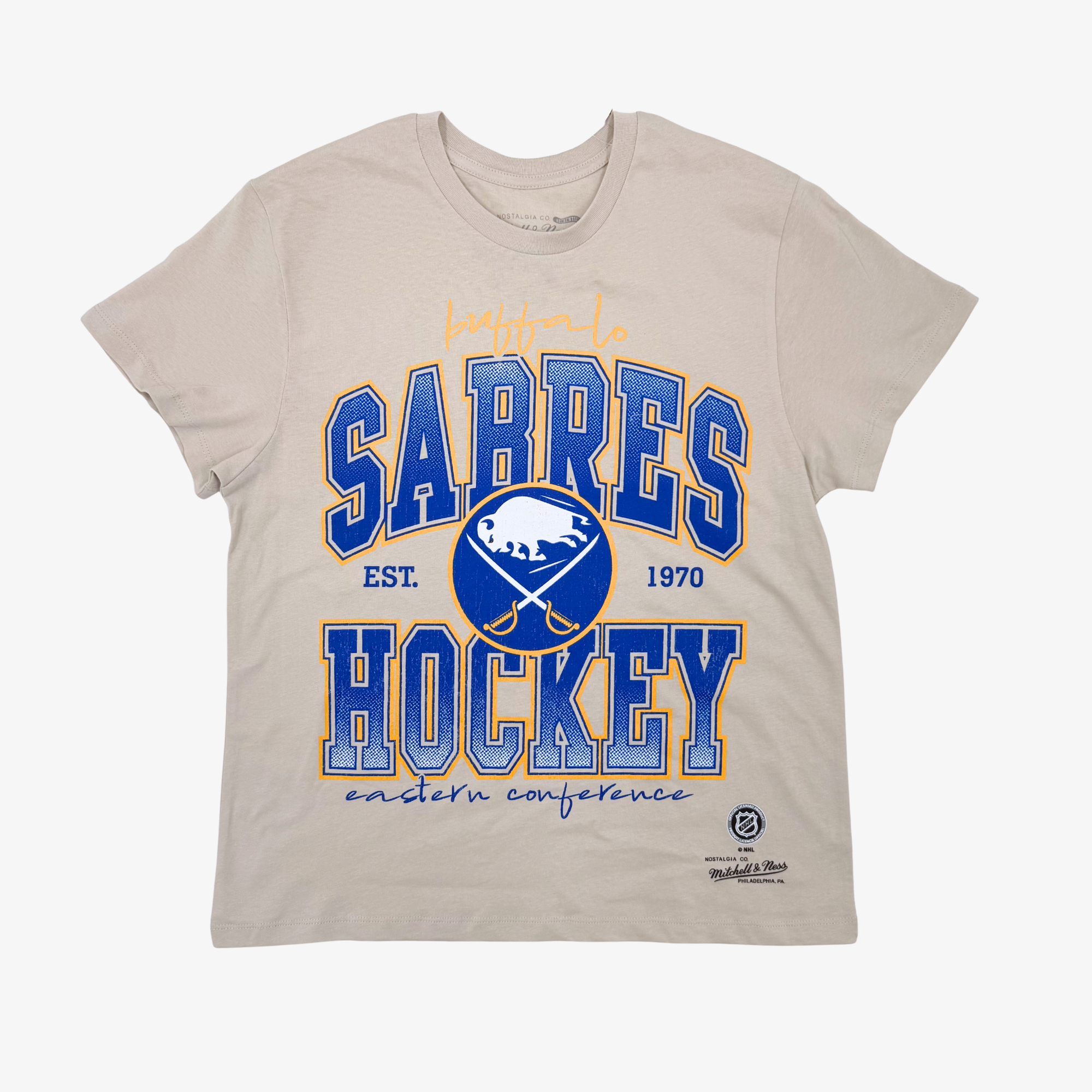 Women's Mitchell & Ness Cream Buffalo Sabres Dump & Chase Boyfriend T-Shirt