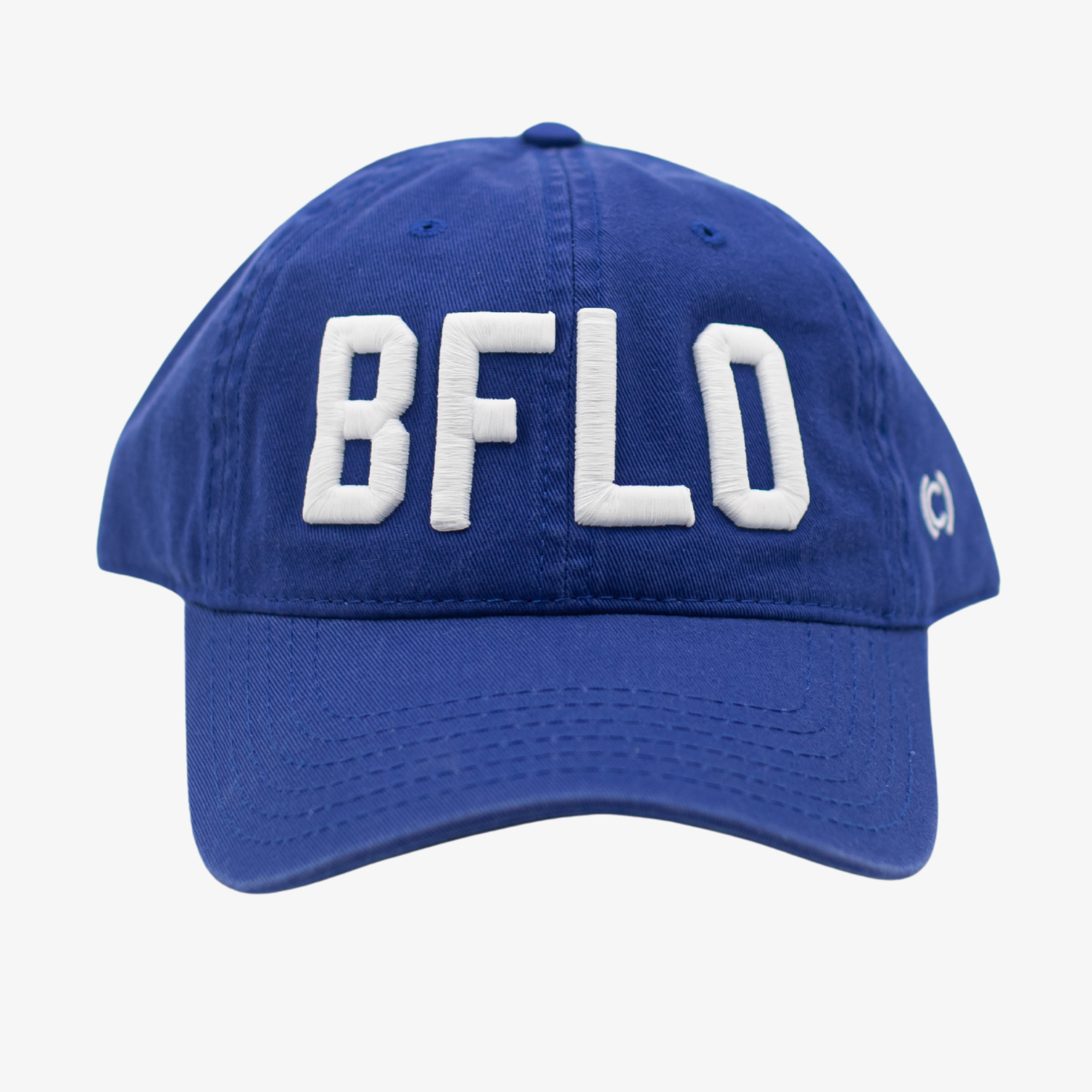 Blue cap with 'BFLO' in white on a light gray background