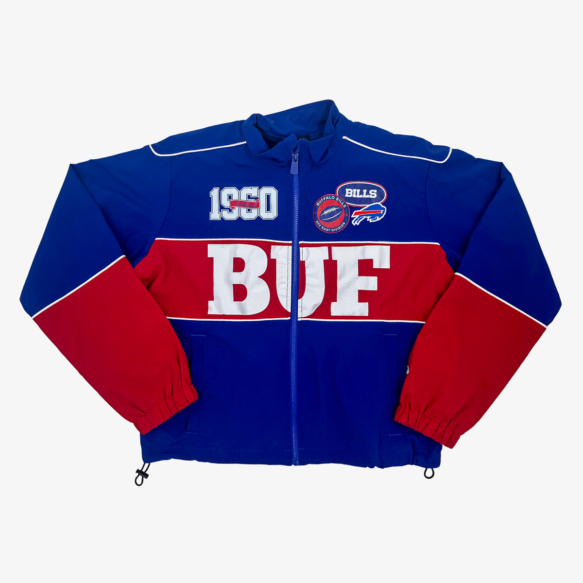 New Era women's Buffalo Bills royal blue and red full-zip jacket with white BUF lettering, 1990 graphic and Bills chest patches