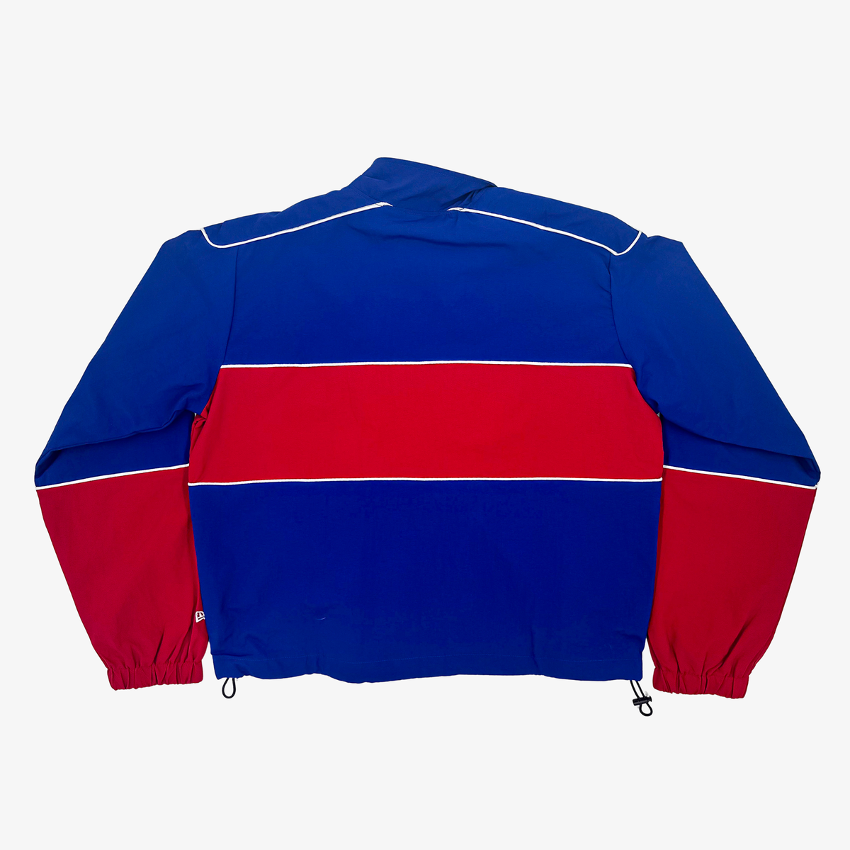 New Era women's Buffalo Bills royal blue and red colorblock jacket with white piping, stand-up collar and adjustable hem