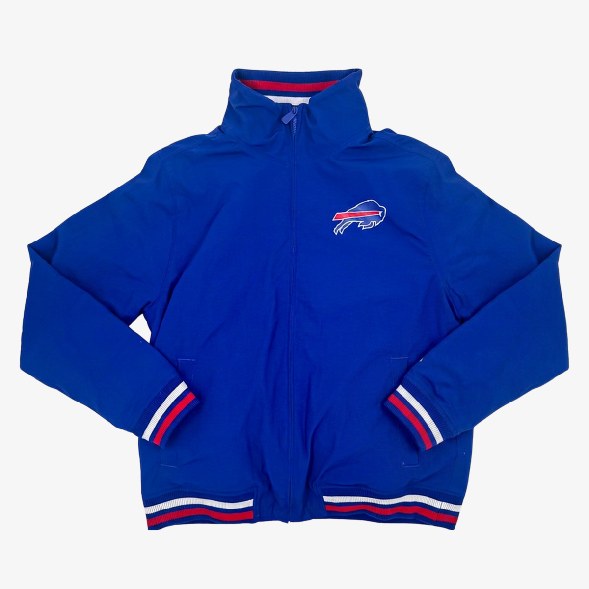 New Era Buffalo Bills royal blue full-zip warm-up jacket with embroidered charging buffalo chest logo, stand-up collar, and red and white striped trim.