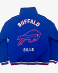 Back of New Era Buffalo Bills royal blue warm-up jacket featuring arched Buffalo lettering, oversized charging buffalo logo, and striped ribbed hem.