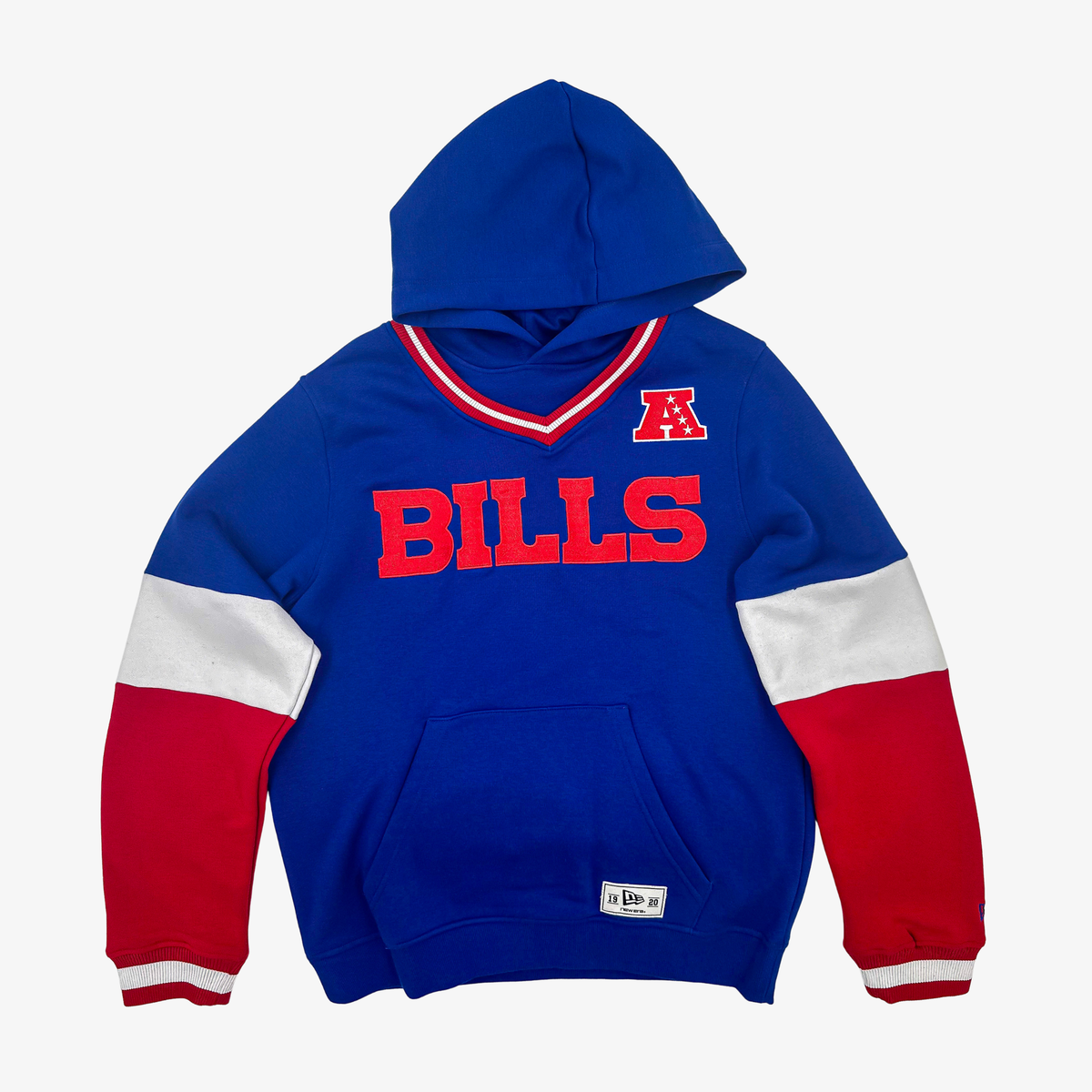 New Era Buffalo Bills royal blue V-neck pullover hoodie with red BILLS lettering, AFC patch, red and white sleeves and kangaroo pocket