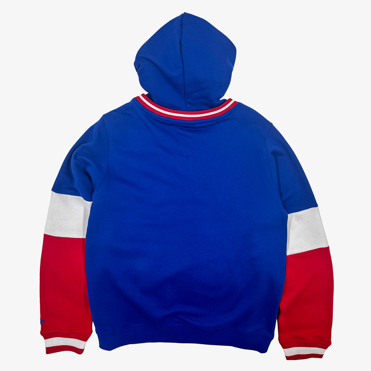 New Era Buffalo Bills royal blue pullover hoodie with red and white colorblocked sleeves, striped cuffs and attached hood
