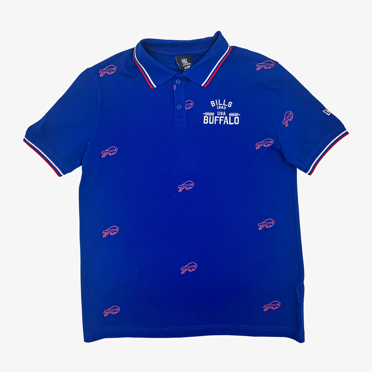 Buffalo Bills royal blue polo shirt with allover red outlined Bills logos, white chest lettering and red and white striped collar
