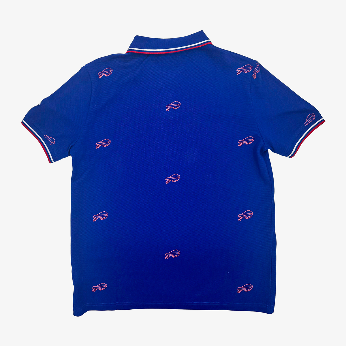 Buffalo Bills royal blue short-sleeve polo shirt with repeating red outlined Bills logos and striped collar and sleeve cuffs