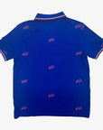 Buffalo Bills royal blue short-sleeve polo shirt with repeating red outlined Bills logos and striped collar and sleeve cuffs