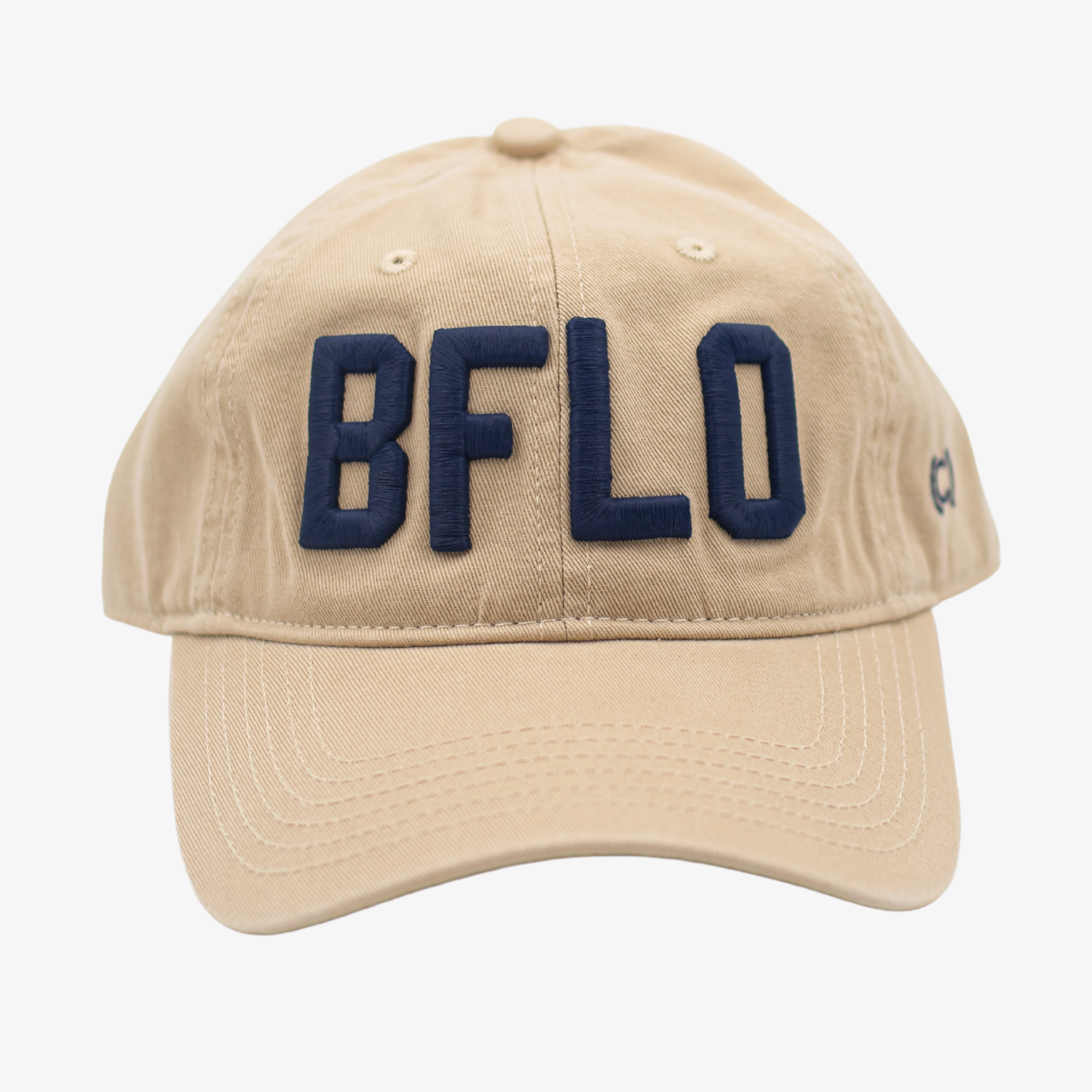 Beige cap with 'BFLD' in navy on a white background