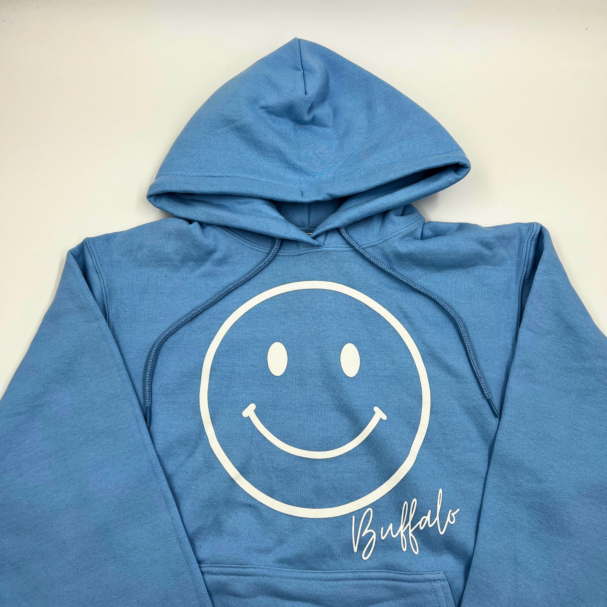 Smiley Face With Buffalo Wordmark Light Blue Hoodie
