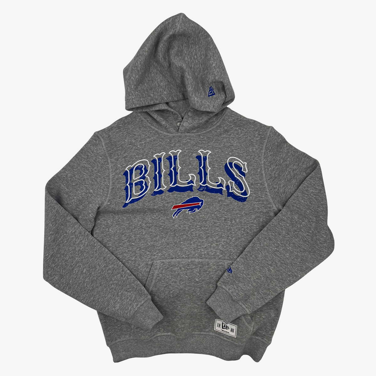 New Era Buffalo Bills heather gray pullover hoodie featuring distressed blue BILLS lettering, charging buffalo logo, snap-button neckline, and kangaroo pocket.