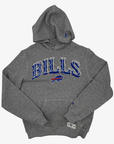 New Era Buffalo Bills heather gray pullover hoodie featuring distressed blue BILLS lettering, charging buffalo logo, snap-button neckline, and kangaroo pocket.