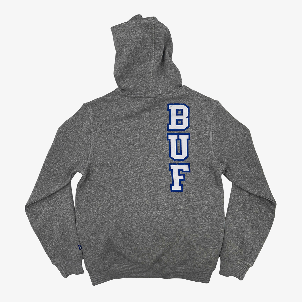 Back of New Era Buffalo Bills heather gray hoodie featuring vertically stacked white BUF lettering with royal blue outlines on the upper back.
