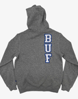 Back of New Era Buffalo Bills heather gray hoodie featuring vertically stacked white BUF lettering with royal blue outlines on the upper back.