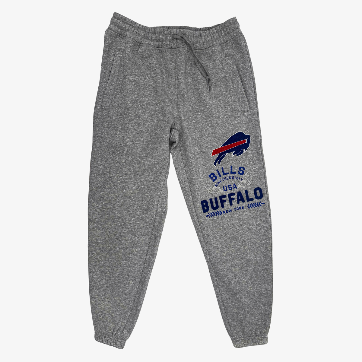 New Era Buffalo Bills heather gray jogger sweatpants with charging buffalo logo, vintage Bills graphics, drawstring waistband and elastic cuffs
