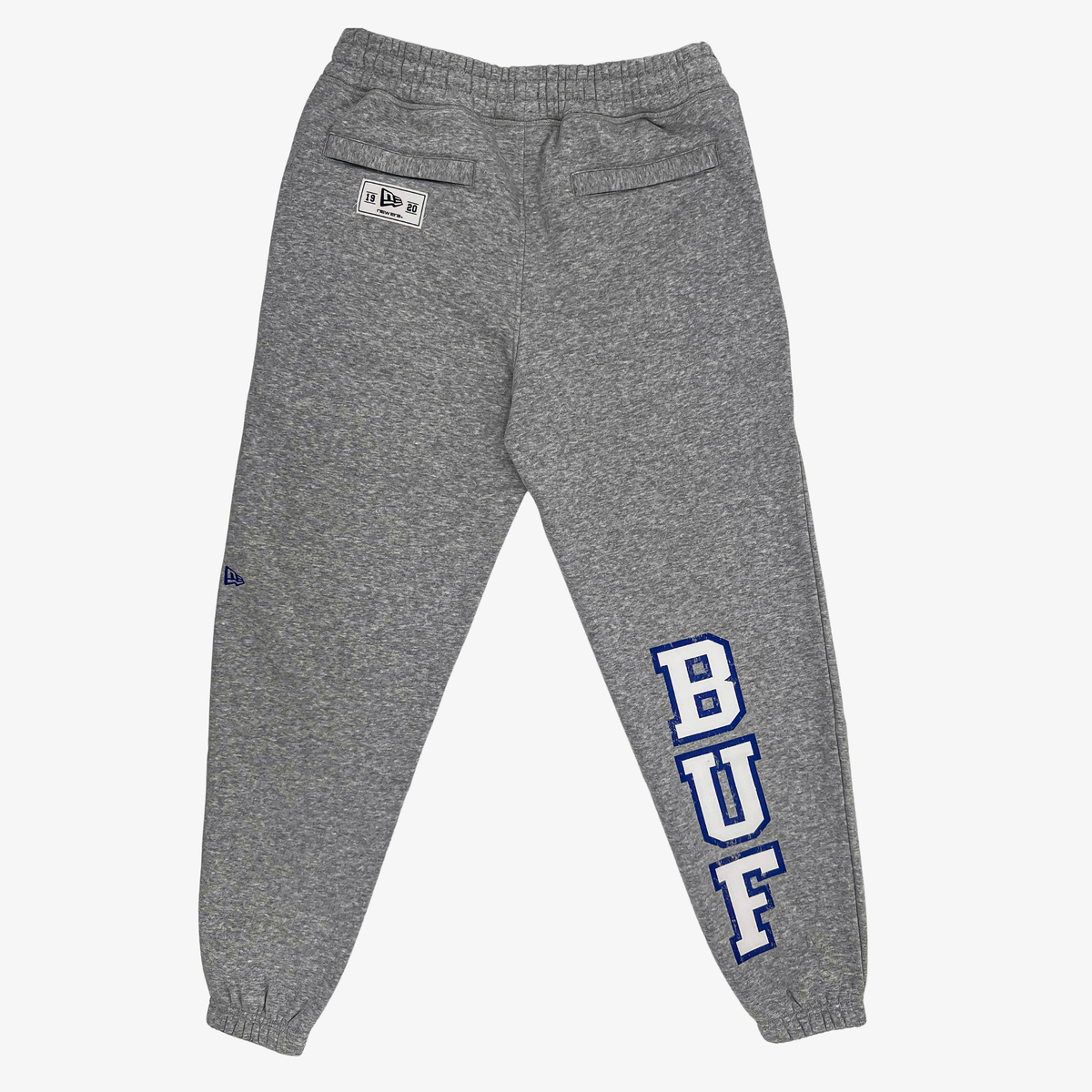 New Era Buffalo Bills heather gray jogger sweatpants with oversized white and royal blue vertical BUF lettering and New Era heritage label