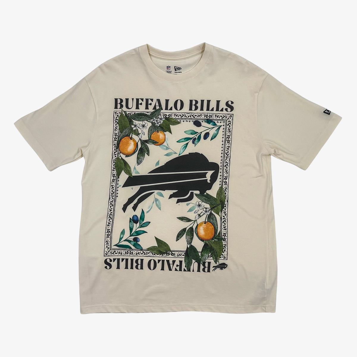 New Era Buffalo Bills cream T-shirt with tonal team logo, botanical artwork and orange branch details