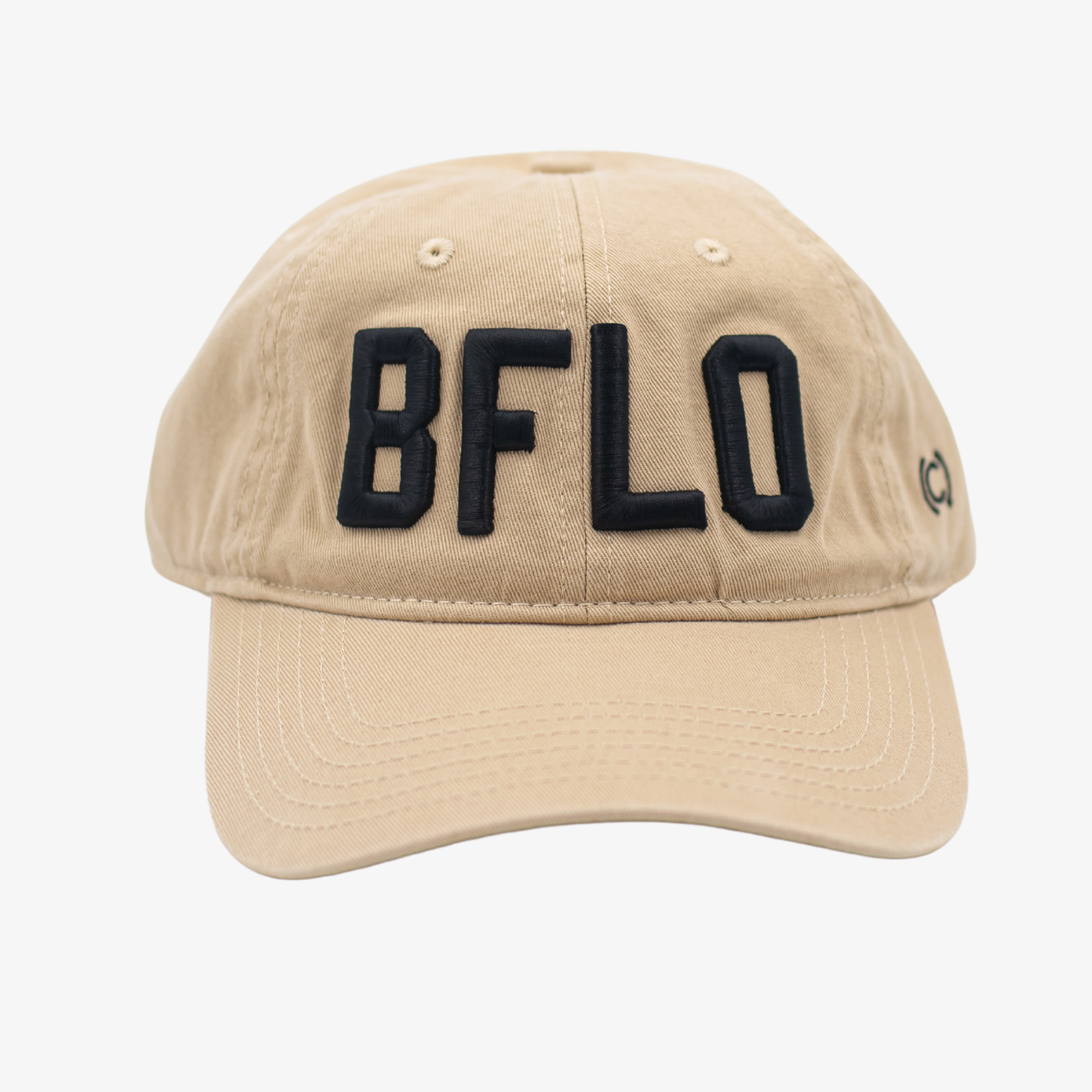 Beige cap with 'BFLO' in black on a white background