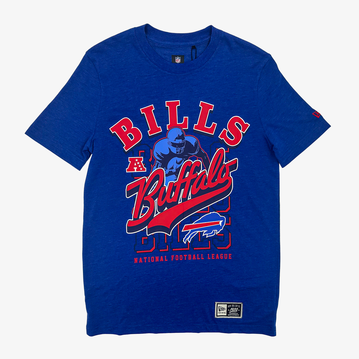 New Era Buffalo Bills royal blue T-shirt with football player and Buffalo graphics