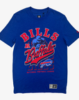 New Era Buffalo Bills royal blue T-shirt with football player and Buffalo graphics