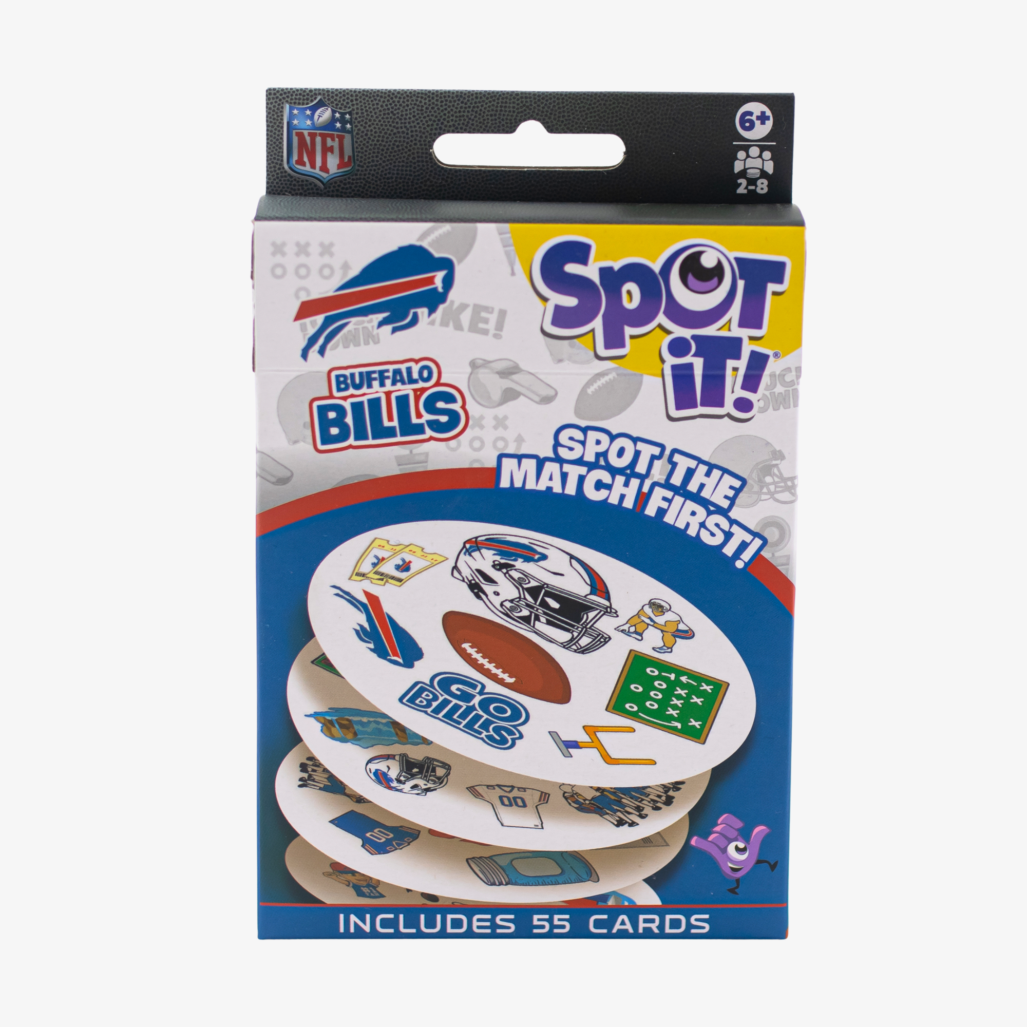 Packaging of Spot It! game featuring Buffalo Bills logo on a white background