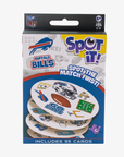 Packaging of Spot It! game featuring Buffalo Bills logo on a white background