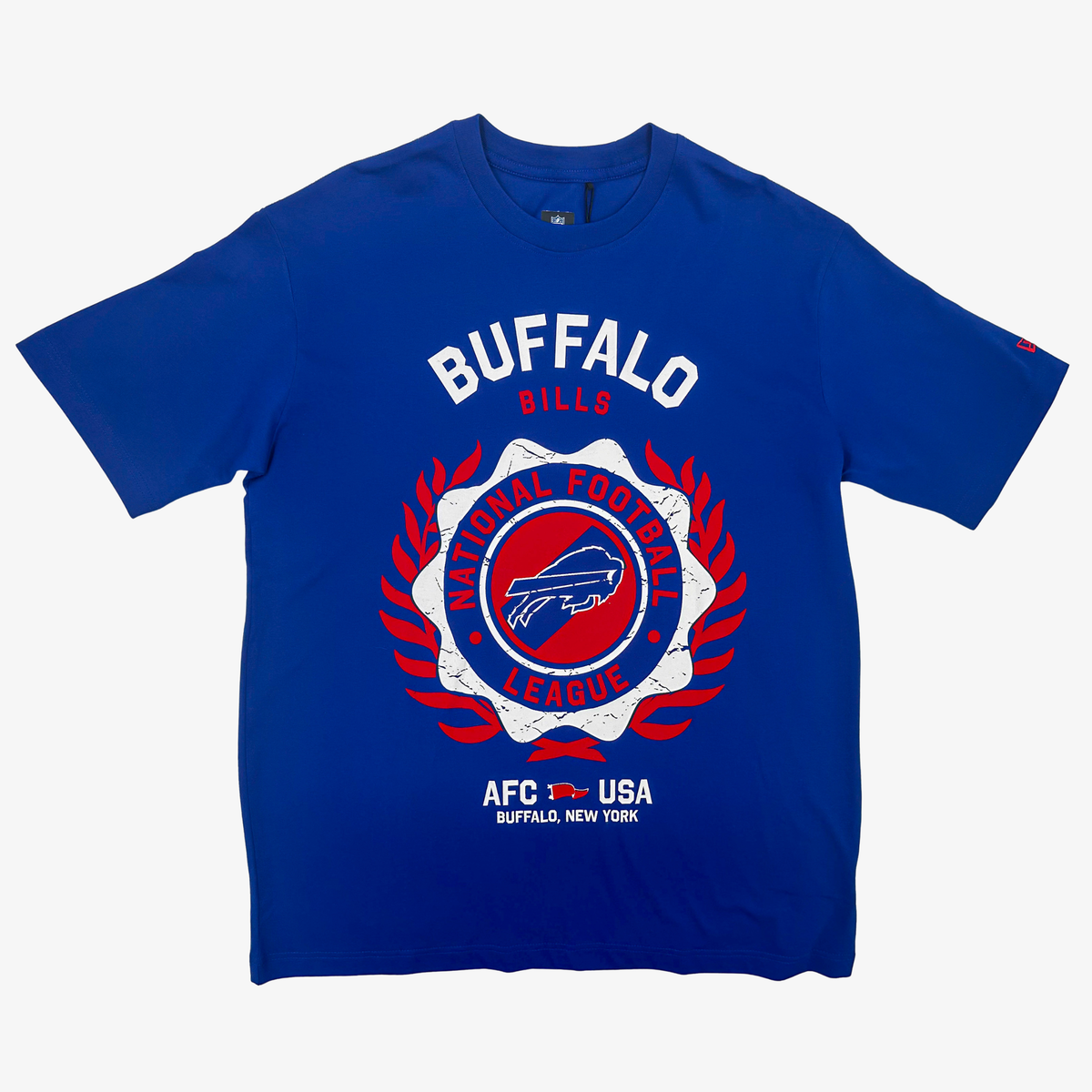 New Era Buffalo Bills royal blue T-shirt with Buffalo lettering and large red and white team crest graphic