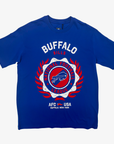 New Era Buffalo Bills royal blue T-shirt with Buffalo lettering and large red and white team crest graphic