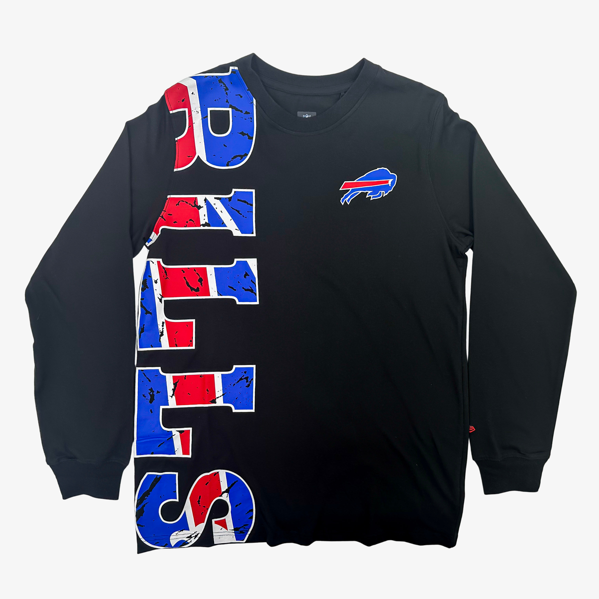 New Era Buffalo Bills black long sleeve T-shirt with oversized vertical red, white and blue BILLS lettering and team logo on chest