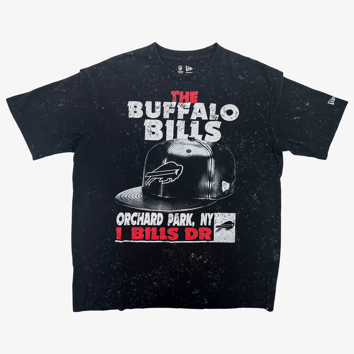 New Era Buffalo Bills black mineral wash T-shirt with distressed lettering, snapback hat graphic and Orchard Park details