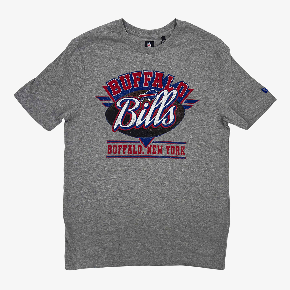 New Era Buffalo Bills heather gray short sleeve T-shirt featuring a distressed vintage Buffalo Bills graphic with red and blue accents.