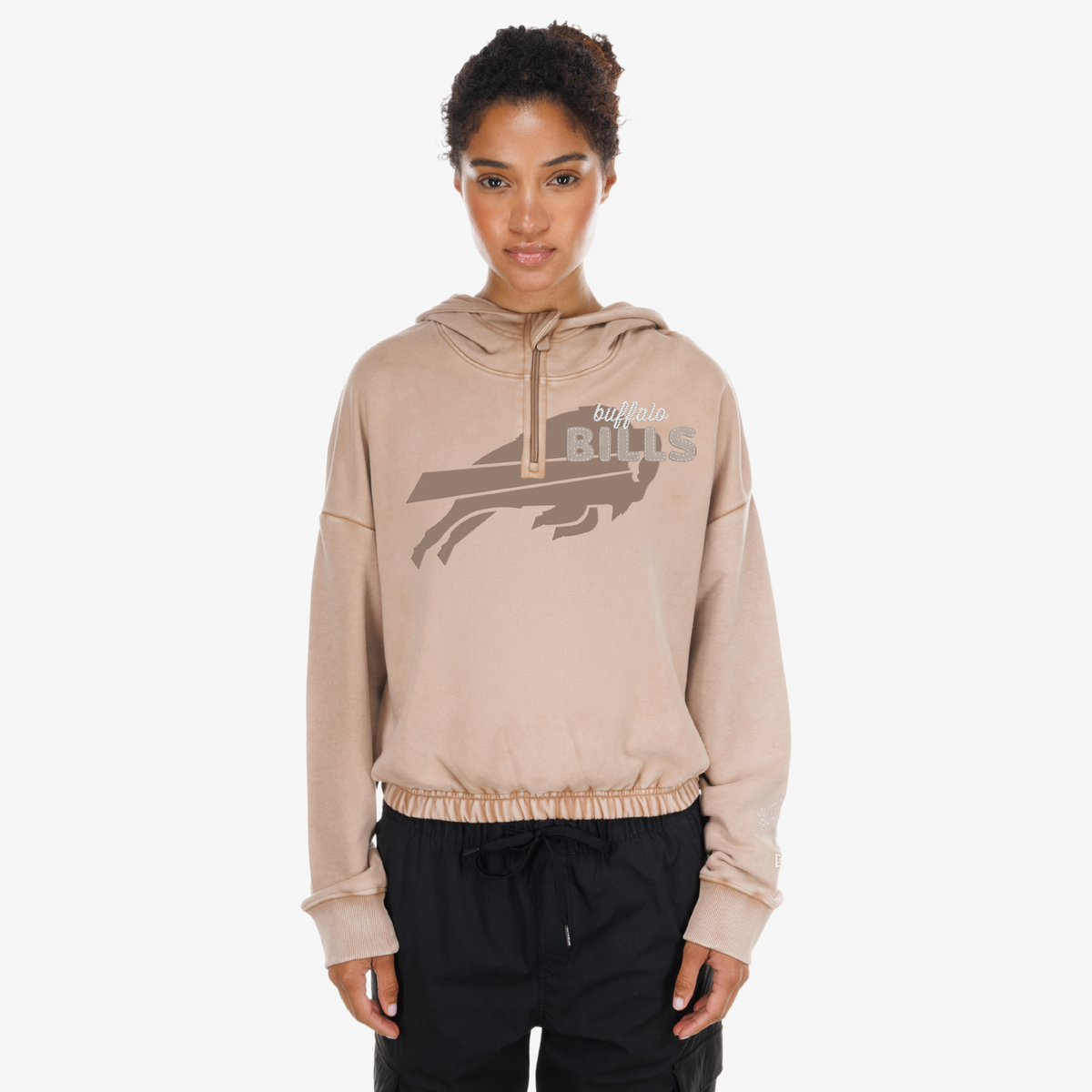 New Era Women's Buffalo Bills tan quarter-zip hoodie with oversized tonal team logo and Bills lettering