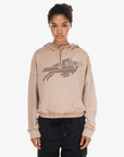 New Era Women's Buffalo Bills tan quarter-zip hoodie with oversized tonal team logo and Bills lettering
