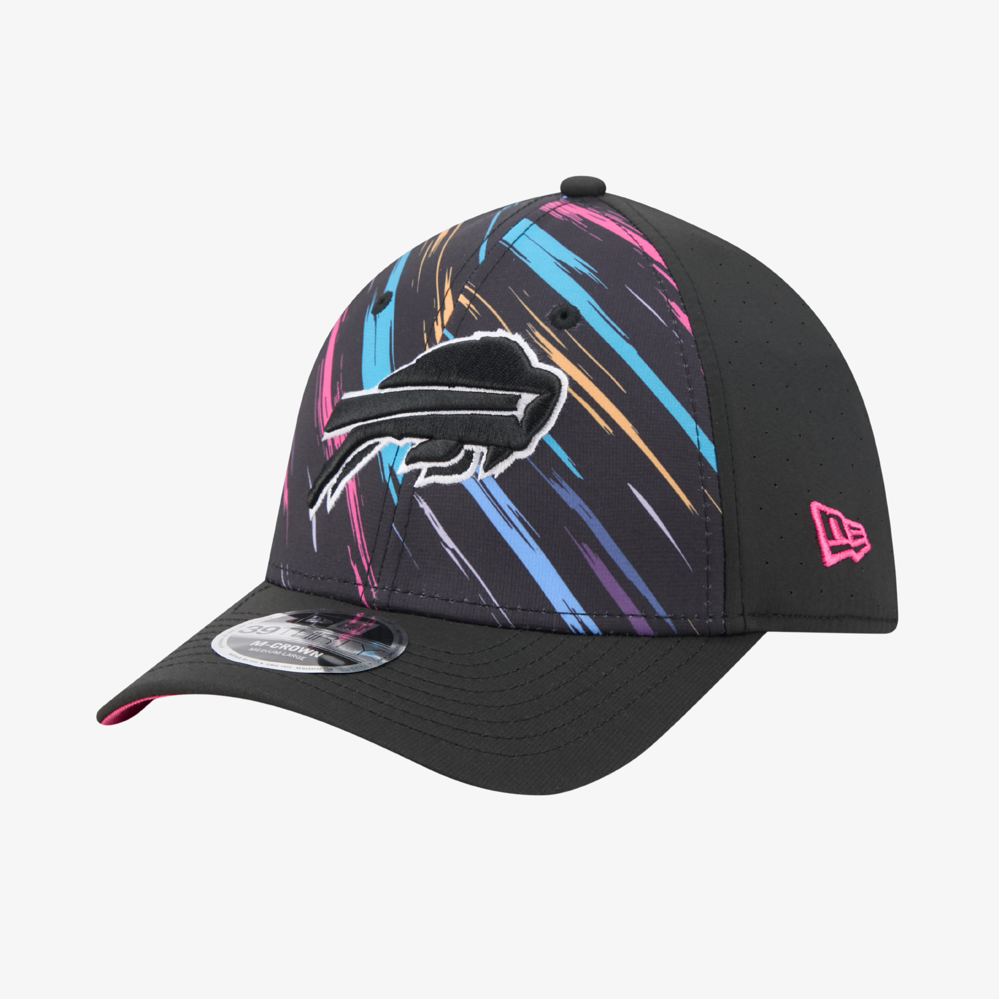 A black baseball cap featuring the Buffalo Bills charging buffalo logo on the front, decorated with vibrant pink, blue, and orange paint-stroke patterns on the front panels. The cap has a black curved brim with a silver reflective sticker on the underside, and a pink New Era logo on the side.