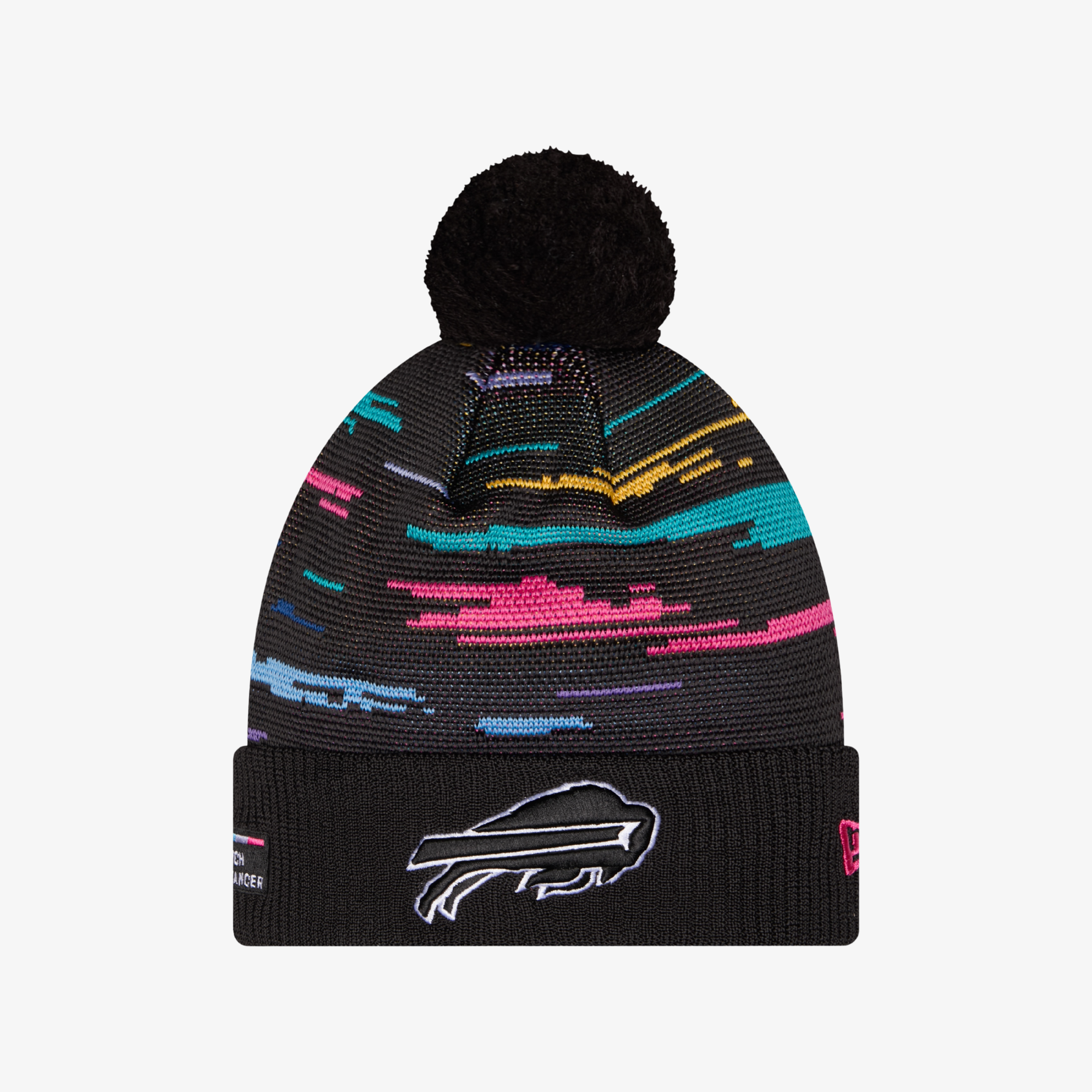 A black knit pom-pom beanie with a colorful abstract stripe pattern in pink, blue, yellow, and purple, featuring a white Buffalo Bills logo on the cuff.