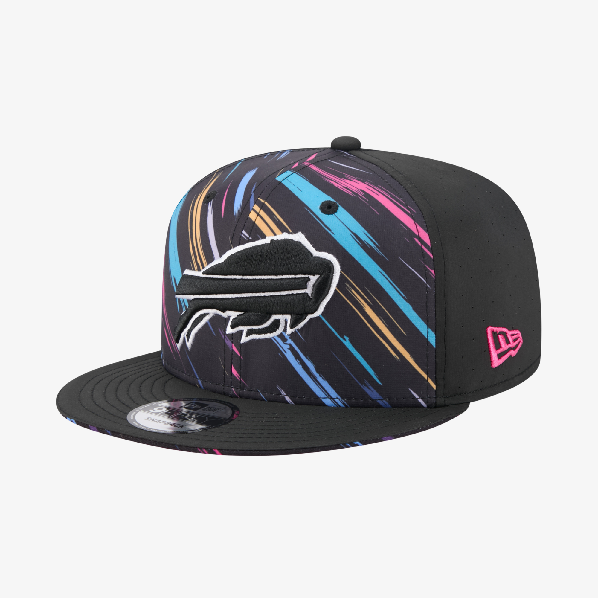 A black New Era 9FIFTY snapback cap featuring a colorful abstract paint stroke pattern on the front panels and a white embroidered Buffalo Bills buffalo logo on the side. The cap has a black flat brim with a silver sticker, and a pink New Era logo is visible on the side.