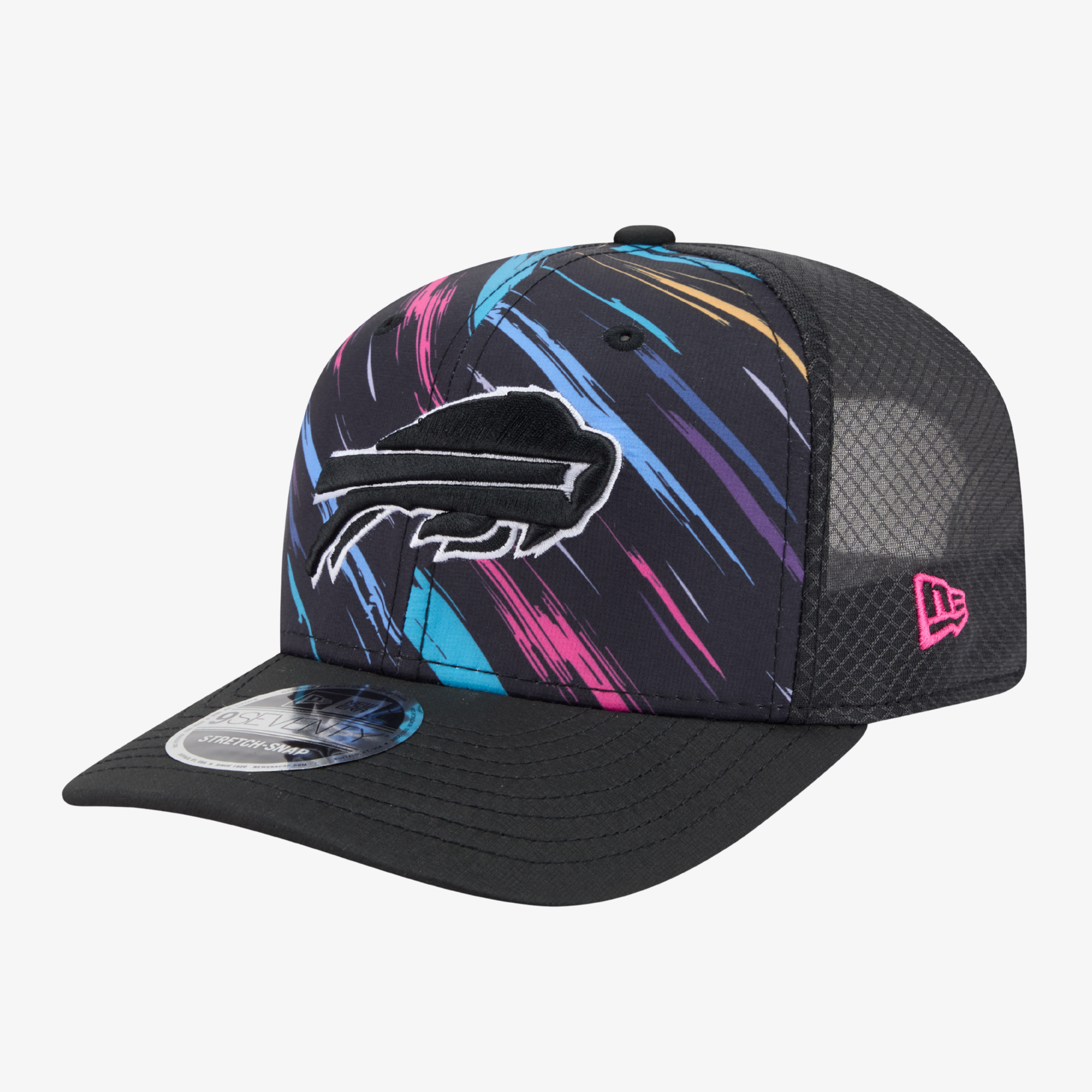 A black New Era 9FIFTY trucker hat featuring a colorful paint stroke pattern in pink, blue, and yellow on the front panels, with a black embroidered Buffalo Bills charging logo and a pink New Era logo on the side.