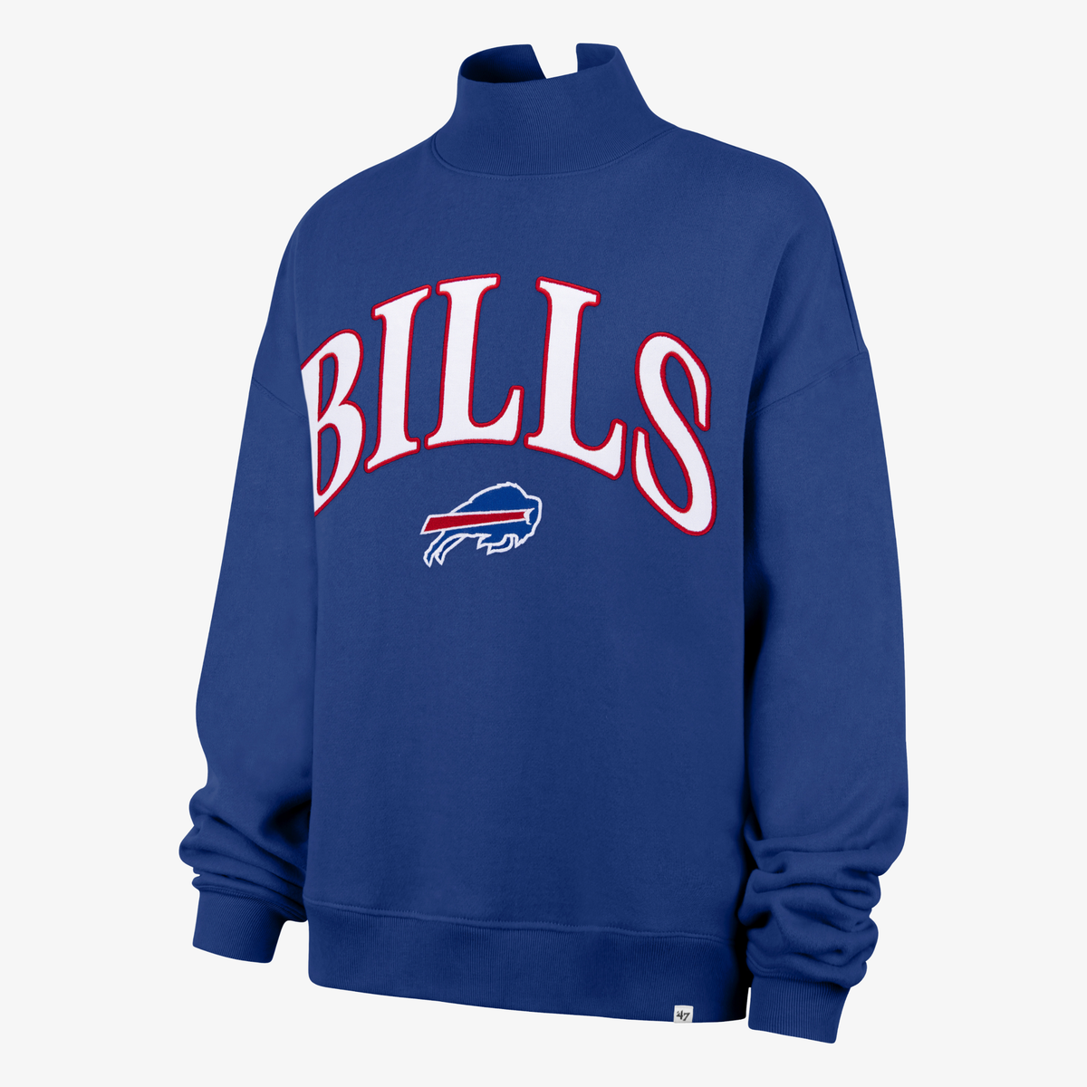'47 Brand women's Buffalo Bills royal blue oversized mock neck crewneck sweatshirt featuring large white BILLS lettering outlined in red, charging buffalo logo, and ribbed cuffs.