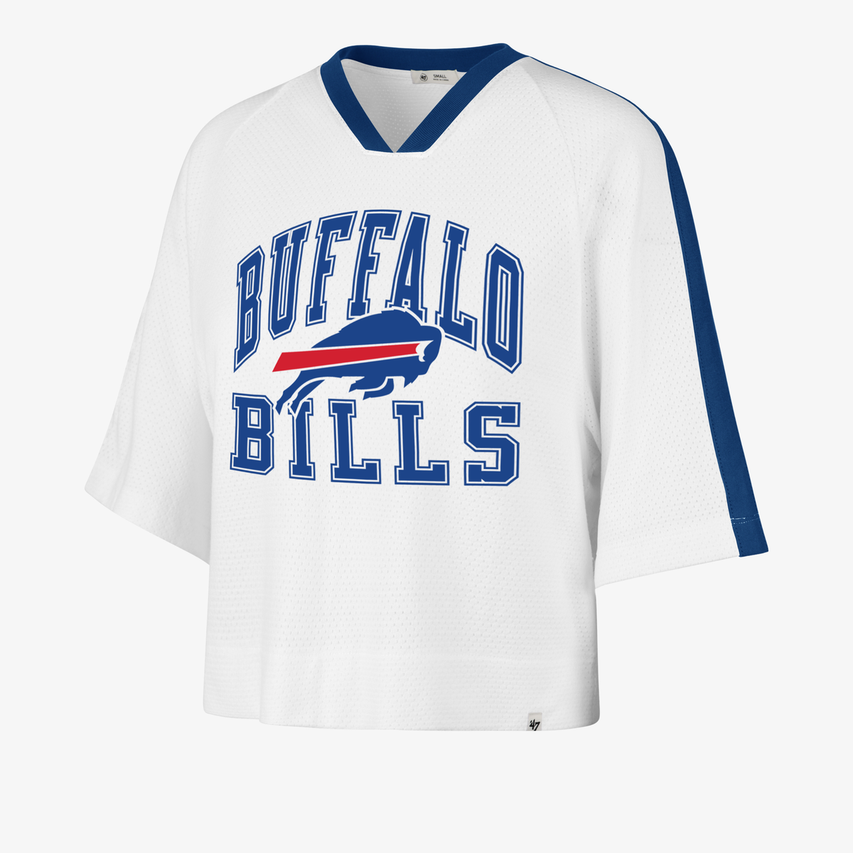 '47 Brand Buffalo Bills women's white V-neck jersey T-shirt featuring blue collegiate Buffalo Bills lettering, charging buffalo logo, blue collar, and sleeve stripes.