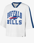 '47 Brand Buffalo Bills women's white V-neck jersey T-shirt featuring blue collegiate Buffalo Bills lettering, charging buffalo logo, blue collar, and sleeve stripes.