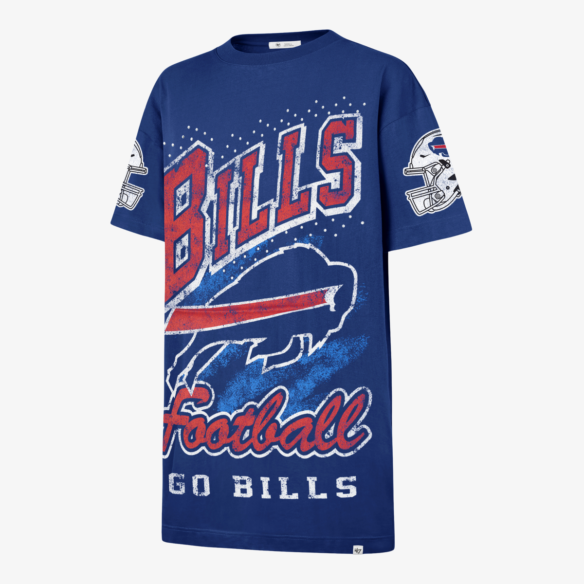 '47 Brand Buffalo Bills women's royal blue oversized T-shirt dress featuring distressed Bills Football graphics, a charging buffalo logo, and football helmet sleeve designs.
