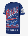 '47 Brand Buffalo Bills women's royal blue oversized T-shirt dress featuring distressed Bills Football graphics, a charging buffalo logo, and football helmet sleeve designs.
