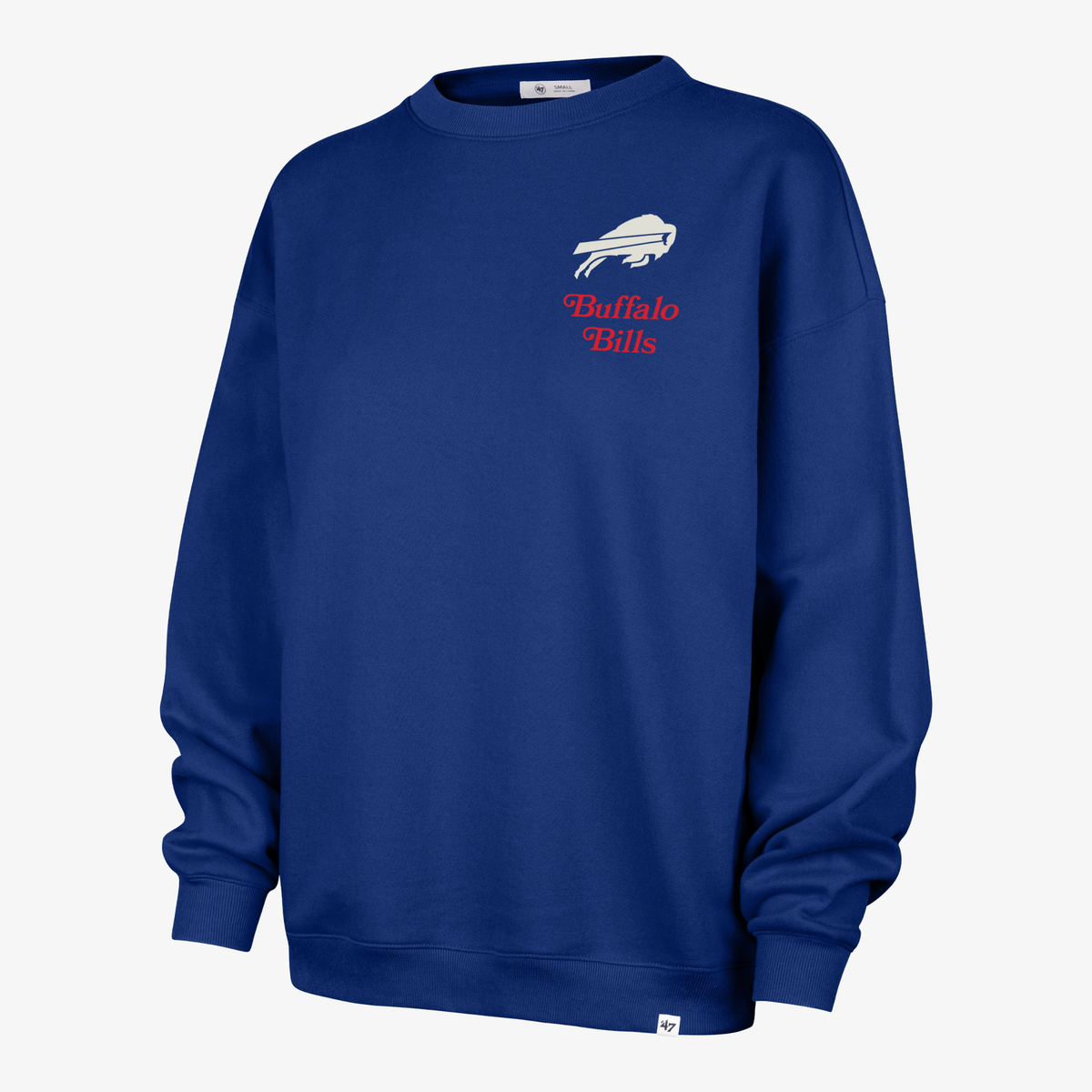 '47 Brand Buffalo Bills women's royal blue oversized crewneck sweatshirt featuring a small white charging buffalo logo and red Buffalo Bills script on the chest.