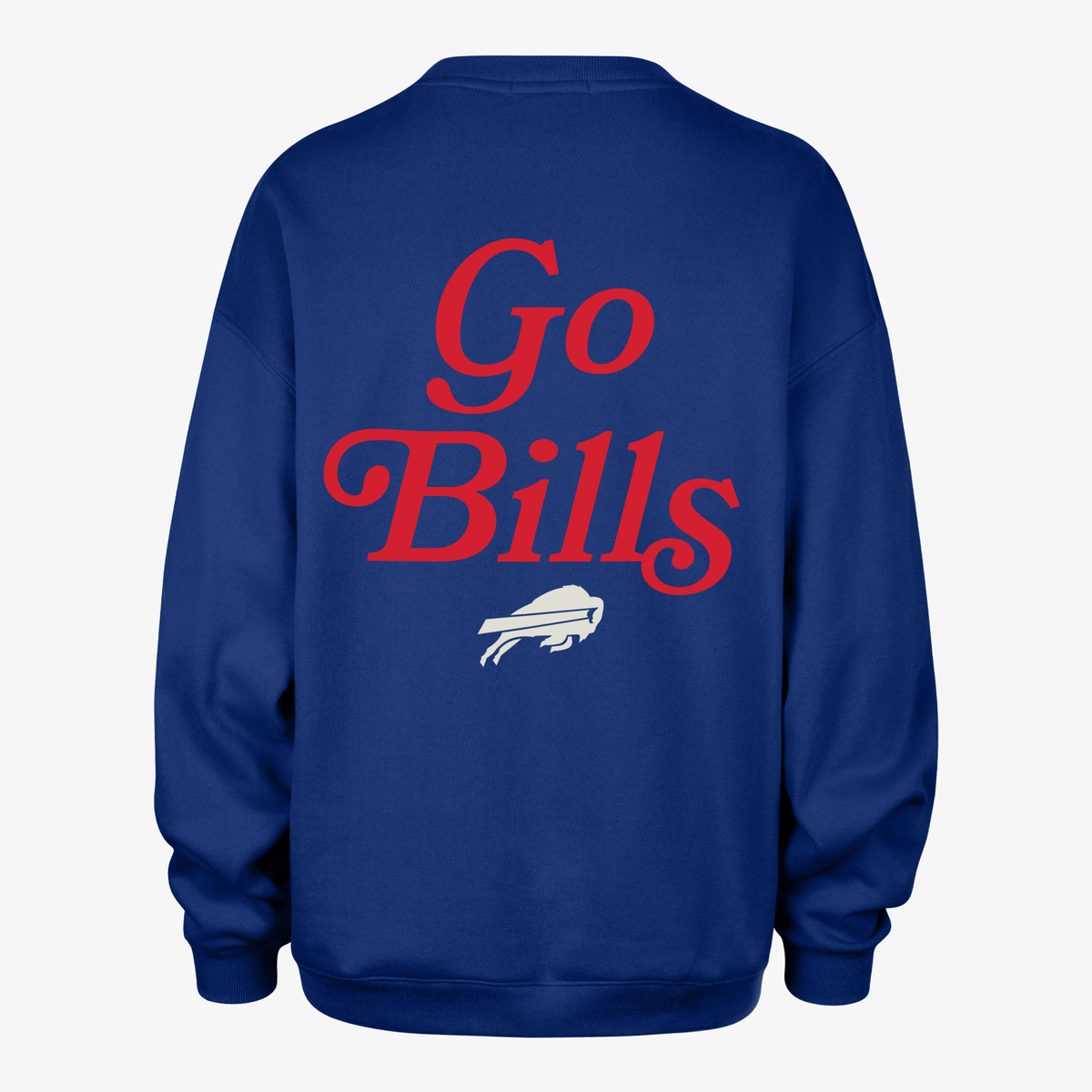 Back of '47 Brand Buffalo Bills women's royal blue oversized sweatshirt featuring large red Go Bills script lettering and a white charging buffalo logo.