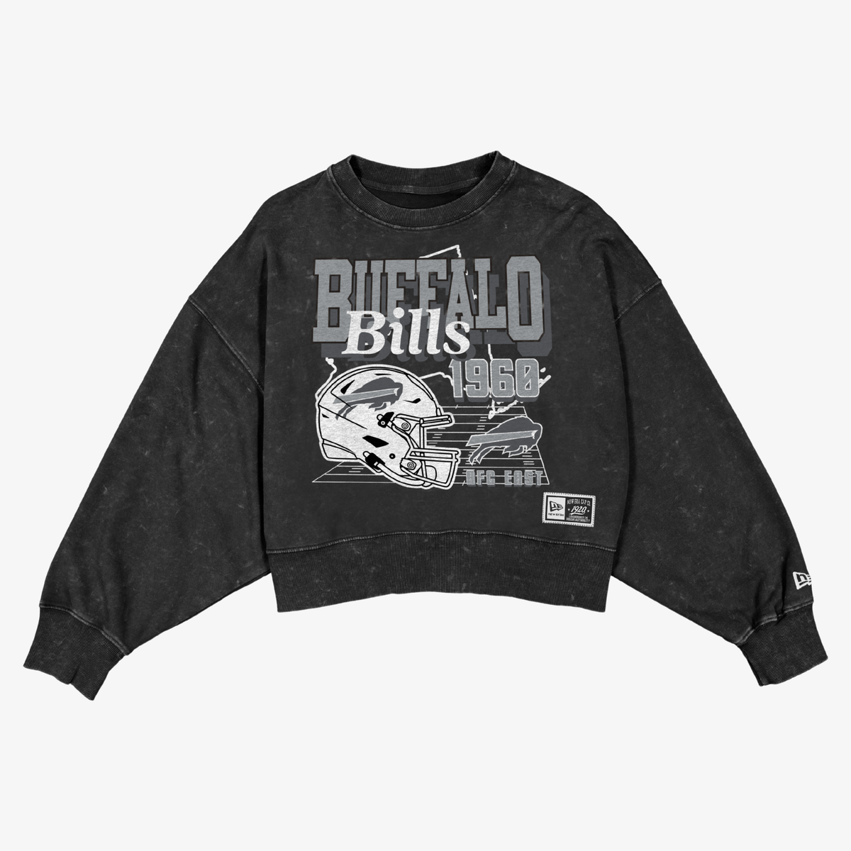 Women's New Era Buffalo Bills Black Wash 1960 Cropped Crewneck