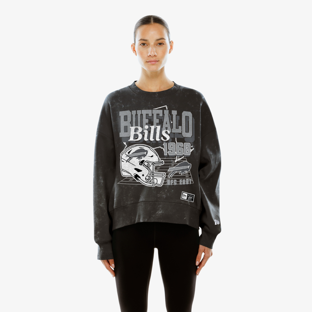 Women's New Era Buffalo Bills black wash cropped crewneck with 1960 helmet graphic